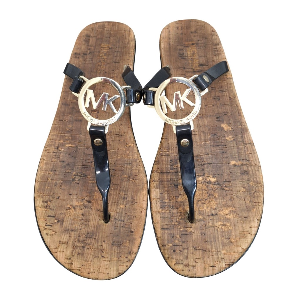 Michael Kors Women's 11 Black Thong Sandals Cork Footbed Gold MK Logo Medallion